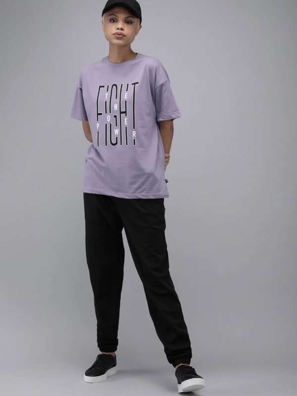 Women Lavender Typography Printed Drop-Shoulder Sleeves Loose T-shirt