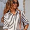 Women Comfort Cutaway Collar Vertical Striped Casual Shirt - Image 2