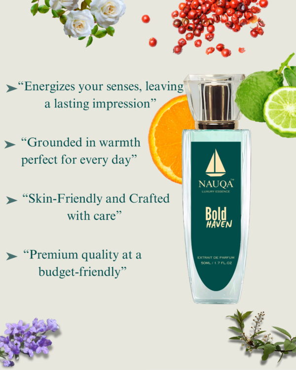 NAUQA™ BOLD HAVEN – Unisex Extrait De Parfum | Luxury Long-Lasting Fragrance | Citrusy, Spicy, Floral, Woody & Musky Notes | Premium Gift for Men & Women - Image 3