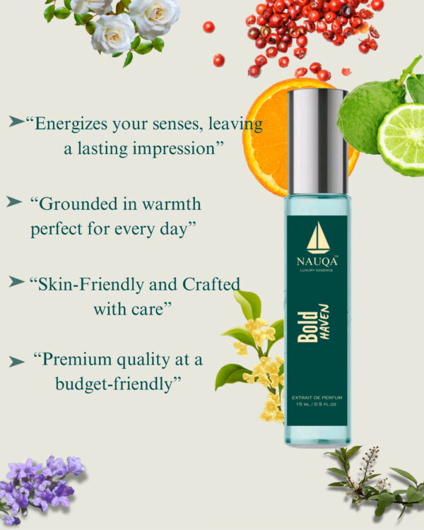 NAUQA™ BOLD HAVEN – Unisex Extrait De Parfum | Luxury Long-Lasting Fragrance | Citrusy, Spicy, Floral, Woody & Musky Notes | Premium Gift for Men & Women - Image 7