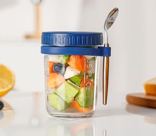 Ash & Roh Overnight Oats Containers with Lids and Spoons 350 ml Glass Mason Jars for Overnight Oats Leak Proof Oatmeal Container Great for Cereal Fruit Vegetable Milk Salad Yogurt (Blue 2) - Image 3
