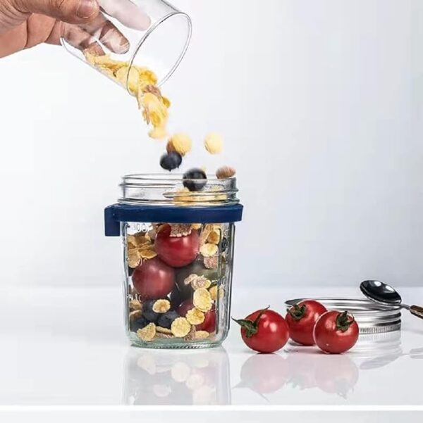 Ash & Roh Overnight Oats Containers with Lids and Spoons 350 ml Glass Mason Jars for Overnight Oats Leak Proof Oatmeal Container Great for Cereal Fruit Vegetable Milk Salad Yogurt (Blue 2) - Image 6