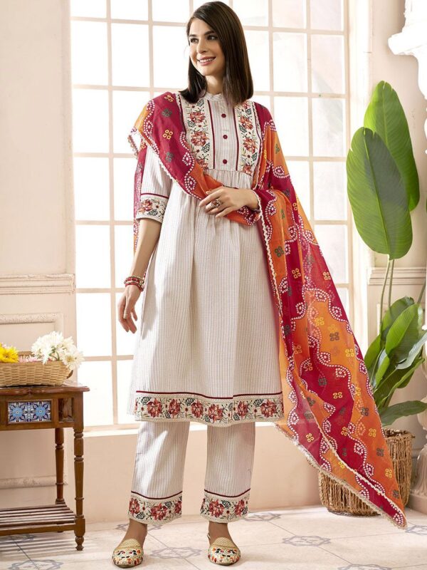 Women Floral Embroidered Pleated Thread Work Kurta with Trousers & With Dupatta - Image 6