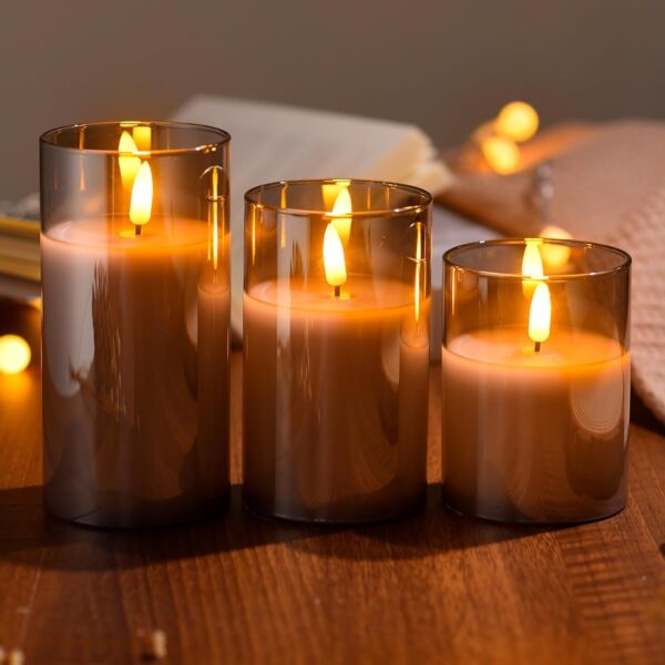 Amazon Basics Flameless LED Candles with Remote Controller & Timer | Golden Acrylic Fiber Glass | Set of 3 | (Smoked Grey) - Image 6