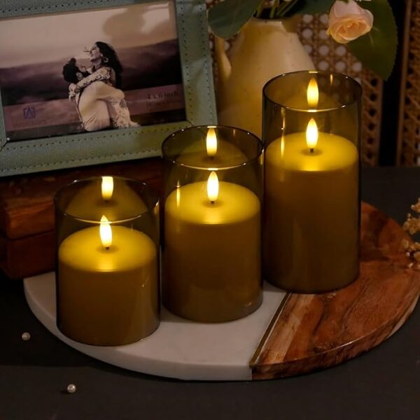 Amazon Basics Flameless LED Candles with Remote Controller & Timer | Golden Acrylic Fiber Glass | Set of 3 | (Smoked Grey) - Image 4