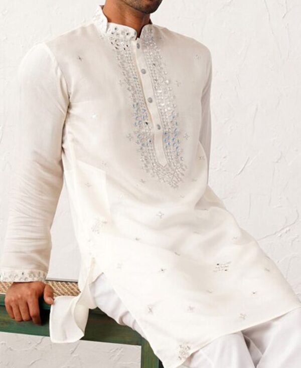 Floral Embroidered Mirror Work Mandarin Collar Cotton Silk Straight Kurta - Image 8