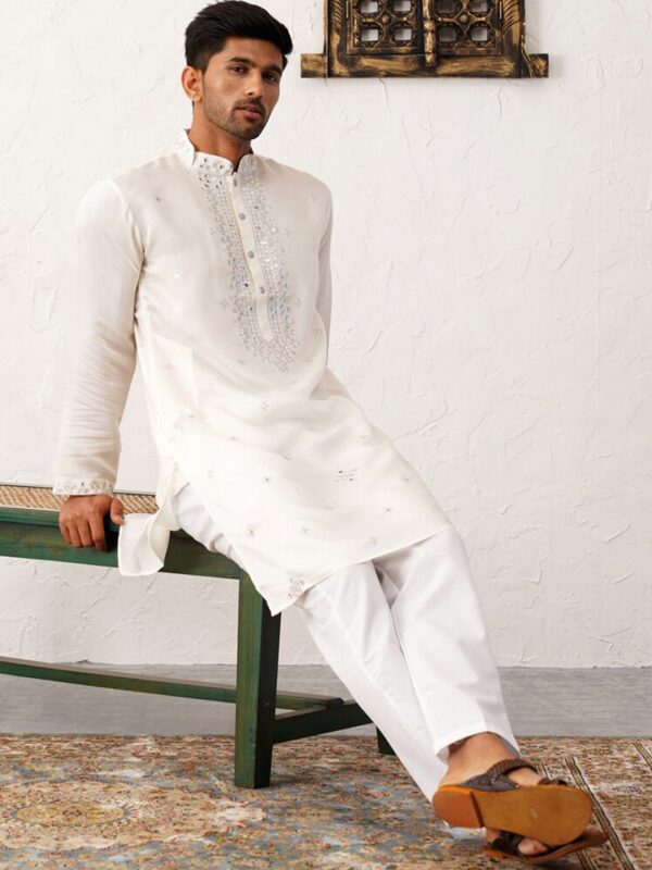 Floral Embroidered Mirror Work Mandarin Collar Cotton Silk Straight Kurta - Image 7