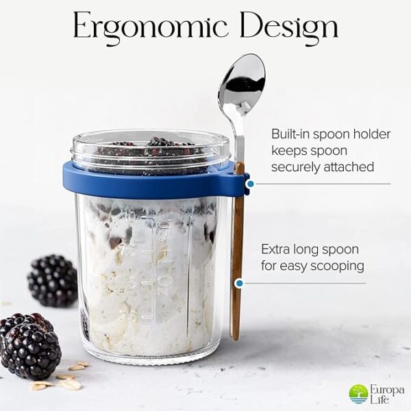 Ash & Roh Overnight Oats Containers with Lids and Spoons 350 ml Glass Mason Jars for Overnight Oats Leak Proof Oatmeal Container Great for Cereal Fruit Vegetable Milk Salad Yogurt (Blue 2) - Image 2