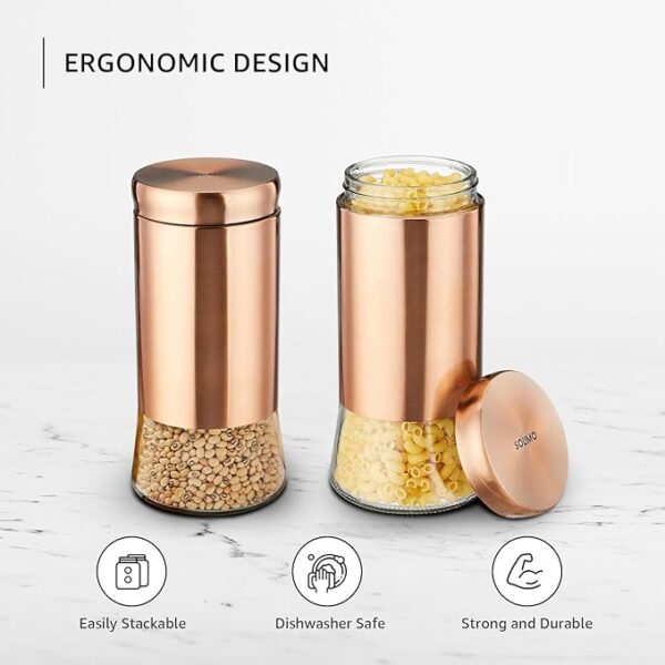 Solimo Rose Gold Bell Bottom Glass Jar | Multipurpose Kitchen Organizer with See-Through Window | 1250ml Set of 2 - Image 2