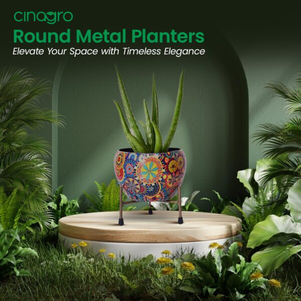 CINAGRO Metal Flower Vase Planter Pot with Iron Stand, Pots for Plants, Plant Pots for Home Decoration, Succulent Pot, Indoor Planter Garden Decor (Size: 6X6 inch) Style: Mandala Fusion Spectrum - Image 5