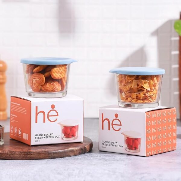 HomeEssentials Glass Containers with Lid - 260ml Leak-Proof Glass Sealed Jar with Lid | Food Grade Ideal for Kitchen, Refrigerator, Storage, Fresh-Keeping, Storage, Milk, Fruit, Coffee (Pack of 2)