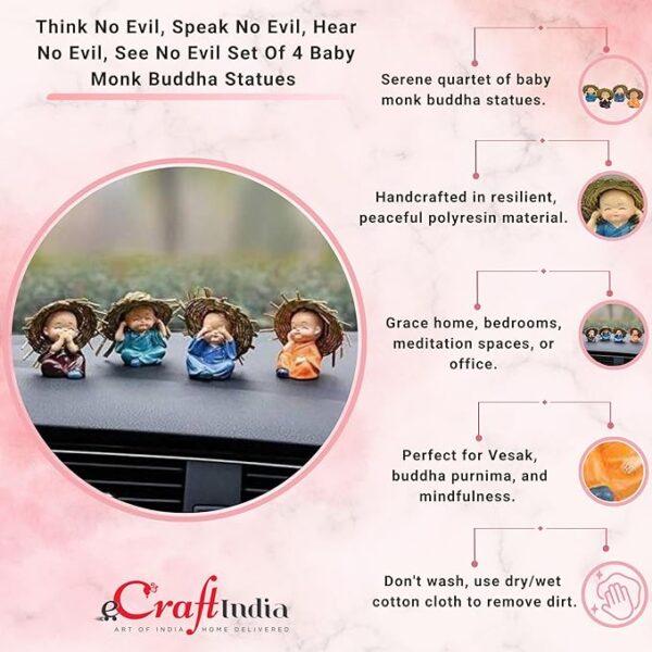 eCraftIndia Set of 4 Resin Buddha Monk Statue with Hat| Think No Evil Speak No Evil Hear No Evil See No Evil| Buddha Statues for Home Decor Living Room Office Car Dashboard Showpiece Gift for Birthday - Image 2