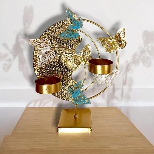 COZY nose - Metal Art Piece for Home Decor | Golden Butterflies with Candle Holder | Home Decor Items for Living Room Show Piece | Table Artifact for Decoration (Round Metallic) - Image 3