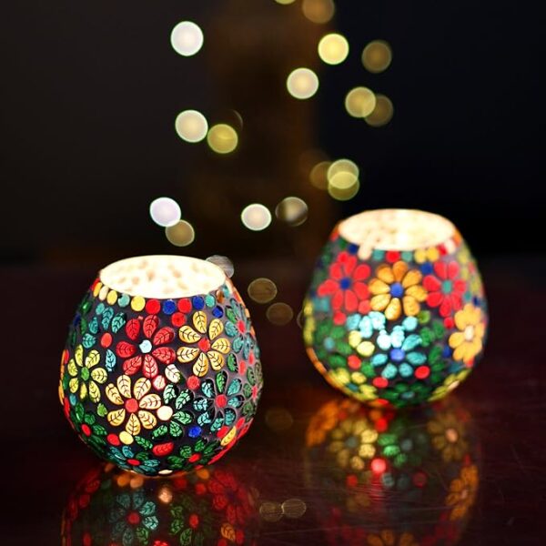 Homesake Tealight Candle Holders for Home Decor, Mosaic Glass, Flowers Diwali Decoration Items, Diwali Gift Items, Diwali Decoration Items for Home Decor | Pack of 2 - Image 4