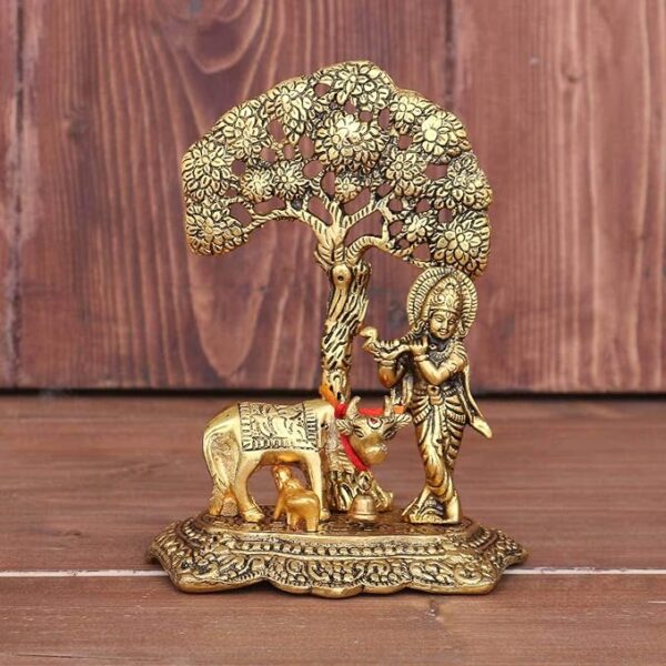 KridayKraft Prince Home Decor & Gifts Metal Krishna With Cow Standing Under Tree Plying Flute (Gold, 12.5X8X16Cm), 1 Piece, figures;Religious - Image 5