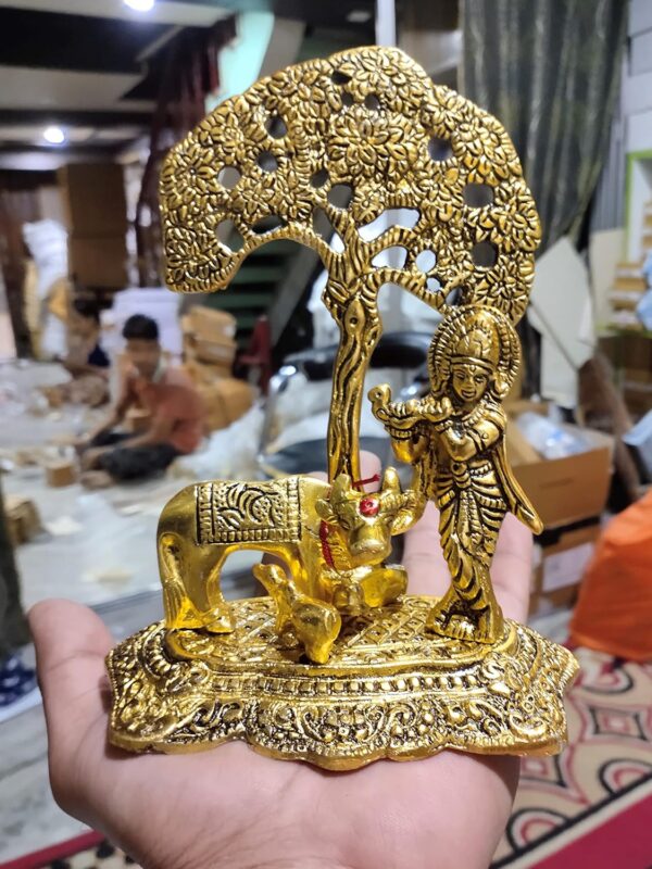 KridayKraft Prince Home Decor & Gifts Metal Krishna With Cow Standing Under Tree Plying Flute (Gold, 12.5X8X16Cm), 1 Piece, figures;Religious - Image 4
