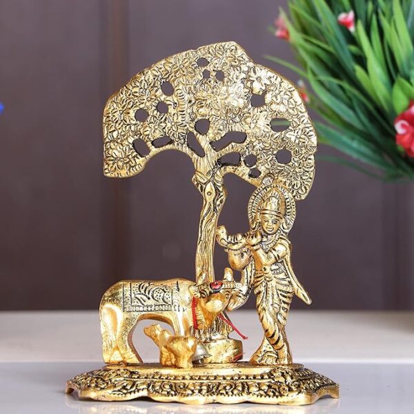 KridayKraft Prince Home Decor & Gifts Metal Krishna With Cow Standing Under Tree Plying Flute (Gold, 12.5X8X16Cm), 1 Piece, figures;Religious - Image 3