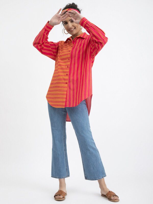 Pink Striped Extended Sleeves Cotton Shirt Style Top - Image 3