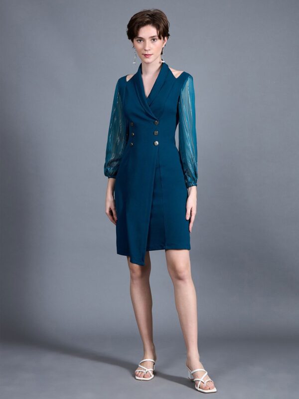 Women Shawl Collar Bishop Sleeves Solid Double Breasted Knee Length Work wear Dress - Image 5