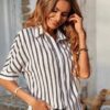 Women Comfort Cutaway Collar Vertical Striped Casual Shirt