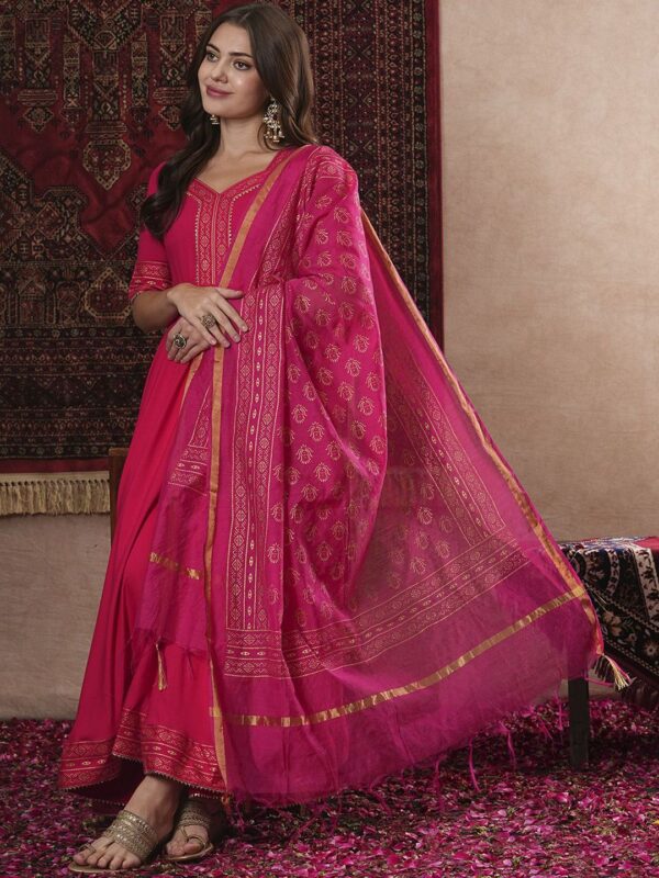 Embroidered V-Neck Mirror work Kaftan With Trousers - Image 7