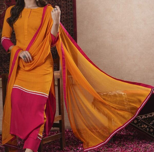 Round Neck Straight Kurta With Trouser & Dupatta - Image 5