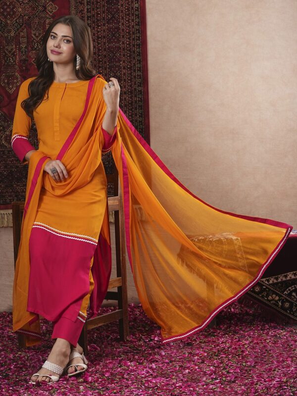 Round Neck Straight Kurta With Trouser & Dupatta