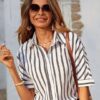 Women Comfort Cutaway Collar Vertical Striped Casual Shirt - Image 7