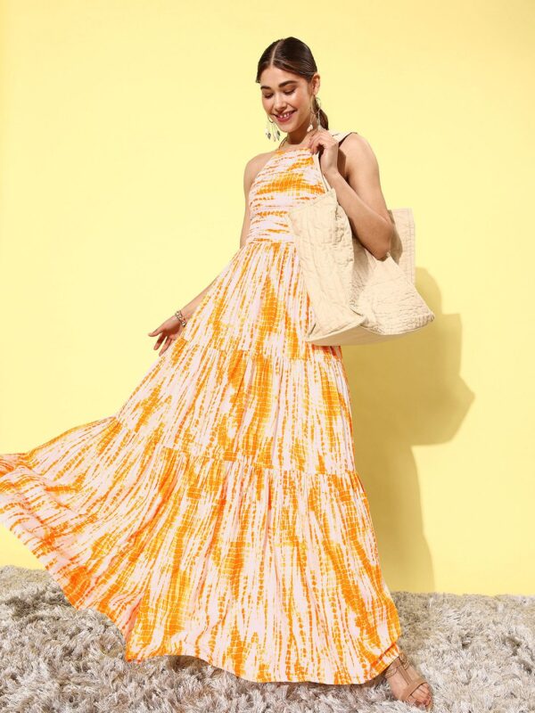Women Yellow & White Shibori Dyed Maxi Dress - Image 6
