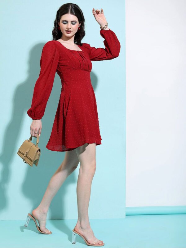 Maroon Self Design Puff Sleeves Pleated Fit & Flare Dress - Image 3