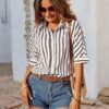 Women Comfort Cutaway Collar Vertical Striped Casual Shirt - Image 3