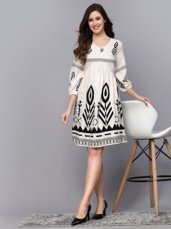 Cream-Coloured & Black Bohemian Print Puff Sleeves Fit & Flare Dress - Image 3