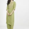 Women Green Yoke Design Keyhole Neck Thread Work Kurta