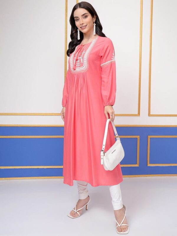 Coral Floral Embroidered Tie-Up Neck Thread Work A-Line Kurta