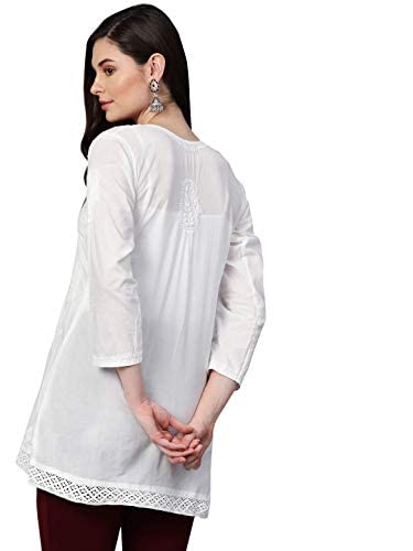 Cotton Regular Fit Tunic Hand Embroidered Lucknow Chikankari Short Kurti Top A208704 - Image 2