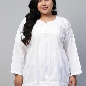 Cotton Regular Fit Tunic Hand Embroidered Lucknow Chikankari Short Kurti Top A208704