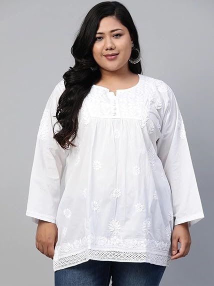 Cotton Regular Fit Tunic Hand Embroidered Lucknow Chikankari Short Kurti Top A208704