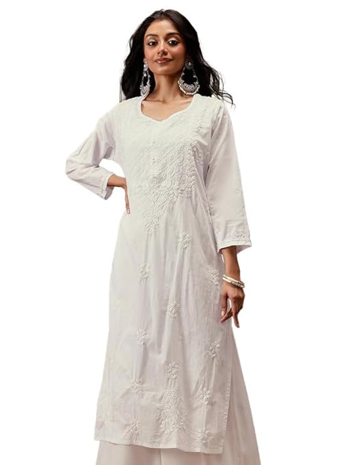 Women's Cotton Regular Fit Chikankari Hand Embroidered Lucknowi Kurti Kurta A411732