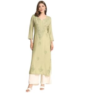 Women's Rayon Kurta with Round Neck Lucknowi Chickenkari Work Straight Cut | Kurta for Women Office (1614)