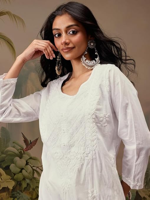 Women's Cotton Regular Fit Chikankari Hand Embroidered Lucknowi Kurti Kurta A411732 - Image 2