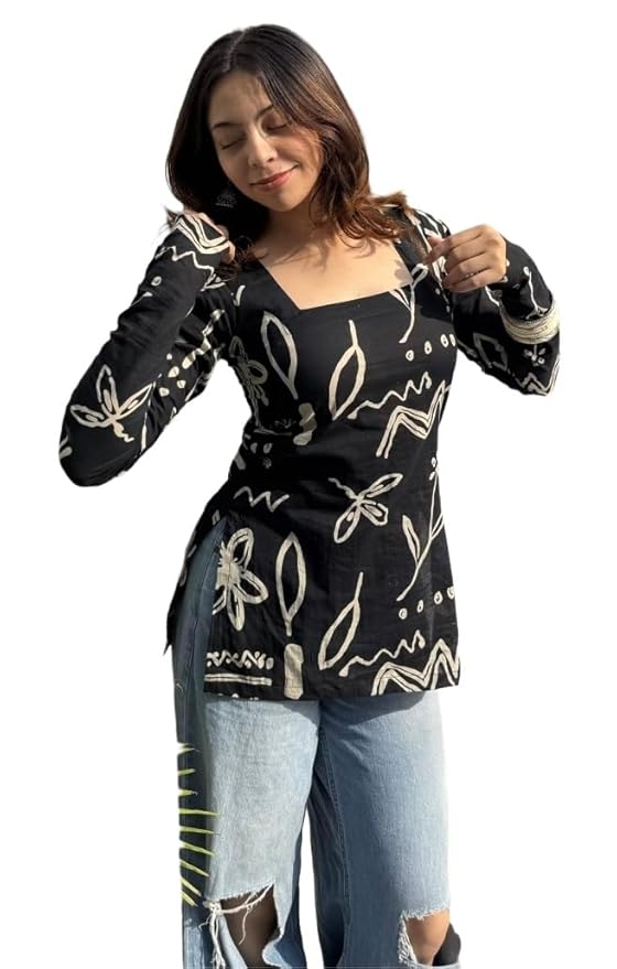 Women's Full Sleeves Rayon Printed Square Neck Short Kurti, Bell Sleeves, Short Kurti for Women, Stylish Ethnic Top, Daily Casual Western & Office wear