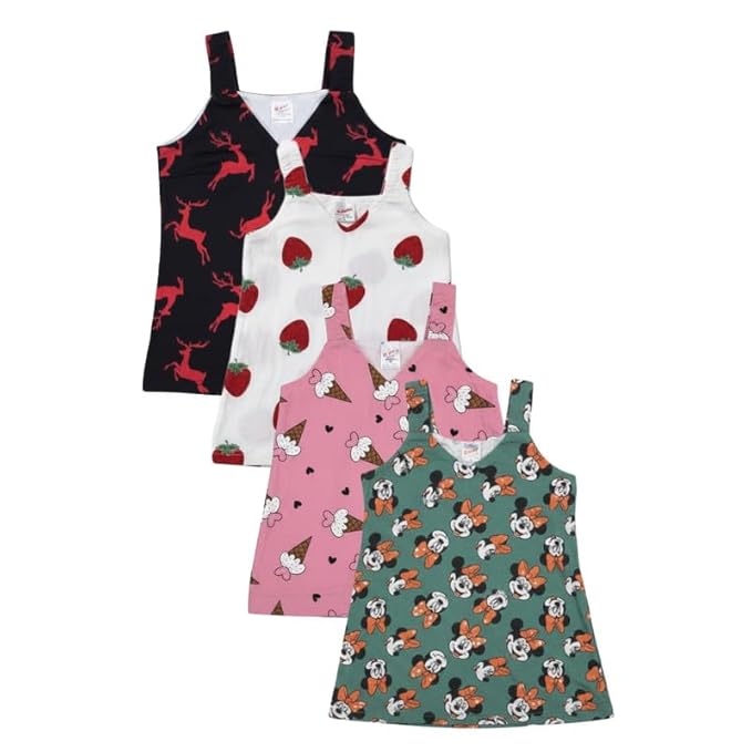 Girls Printed Frock Pack of 4 | 100% Combed Cotton Soft Sleeveless Kids Dress | Breathable Summer Wear for Girls, Lightweight, Comfortable Fit, Assorted Colours & Unique Designs