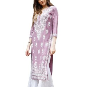 Women's Cotton Blend Straight Fit Straight Chikankari Embroidered Kurta