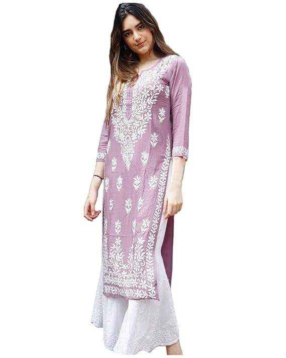 Women's Cotton Blend Straight Fit Straight Chikankari Embroidered Kurta