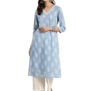 Women's Rayon Kurti, Blue, Floral Print, Round Neck, Long Bell Sleeves, Casual Wear