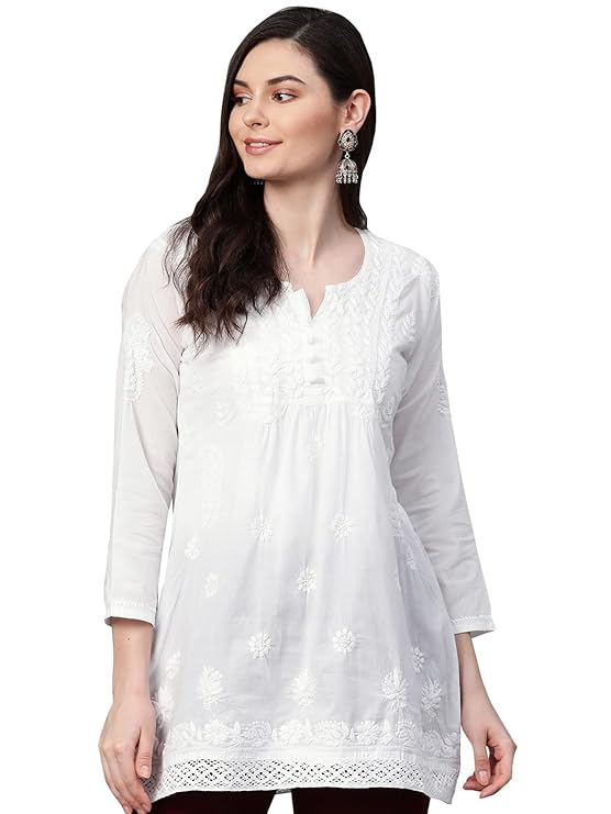 Cotton Regular Fit Tunic Hand Embroidered Lucknow Chikankari Short Kurti Top A208704 - Image 3