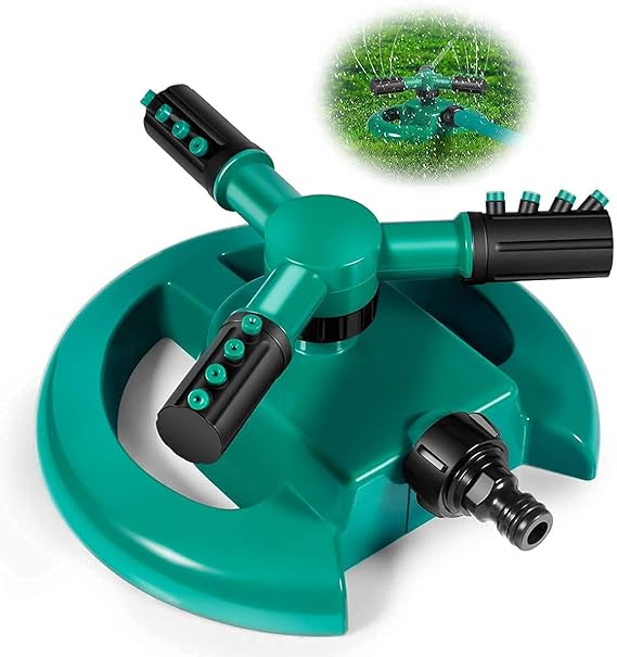1 Pc Automatic 360 ° Rotating Adjustable Round 3 Arm Lawn Water Sprinkler for Watering Garden Plants/Pipe Hose Irrigation Yard Water Sprayer (Green)