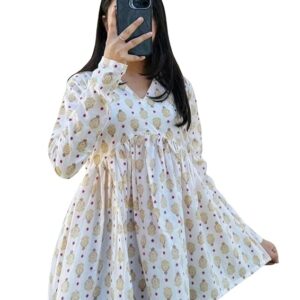 Women's Rayon Kurti, Floral Print, Round Neck, Long Bell Sleeves, Pink and White, Casual Wear