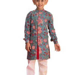 Boys Cotton Kurta Pyjama Set for Janmashtami, Rakhi - Festive Floral Block Print Ethnic Wear
