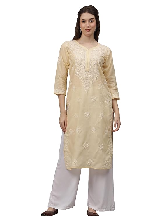 Lucknowi Chikankari Appricoat Peach Terivoil Cotton Kurta for Women SCL4603